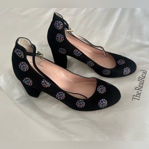 Kate Spade black pumps heel velvet shoes rhinestones ankle buckle